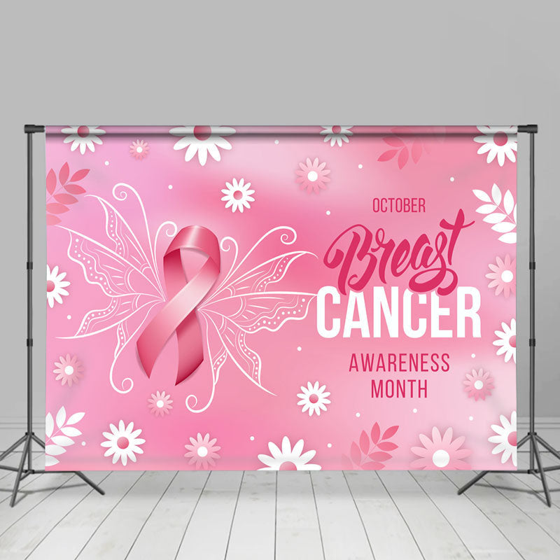 Lofaris Pink Flower Butterfly Breast Cancer Month Backdrop