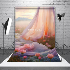 Lofaris Pink Flower Grass Curtain Mountain Sunset Backdrop