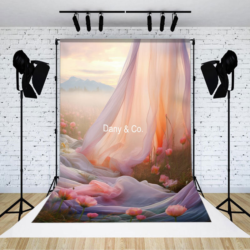 Lofaris Pink Flower Grass Curtain Mountain Sunset Backdrop