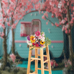 Lofaris Pink Flower Trees Blue RV Spring Photo Backdrop