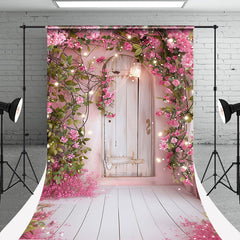 Lofaris Pink Flowers Around White Wooden Door Sweep Backdrop