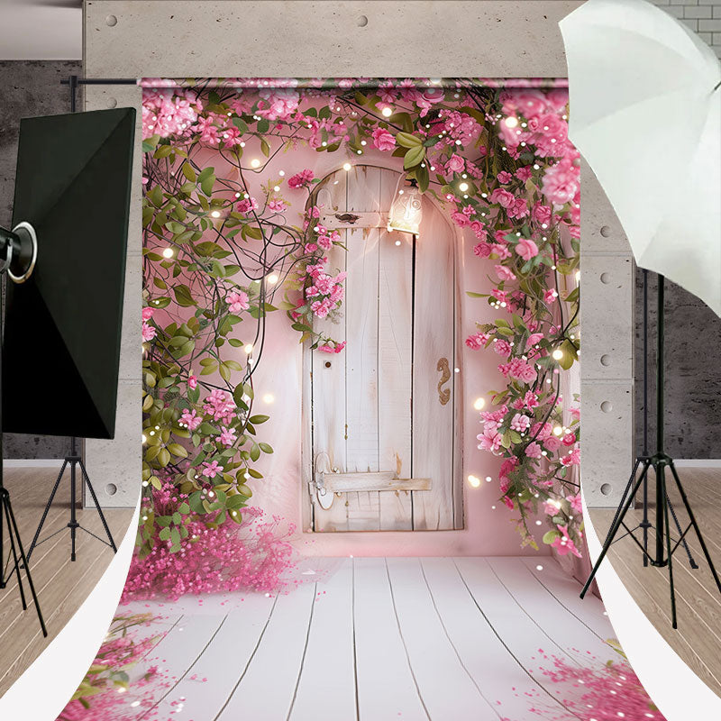 Lofaris Pink Flowers Around White Wooden Door Sweep Backdrop