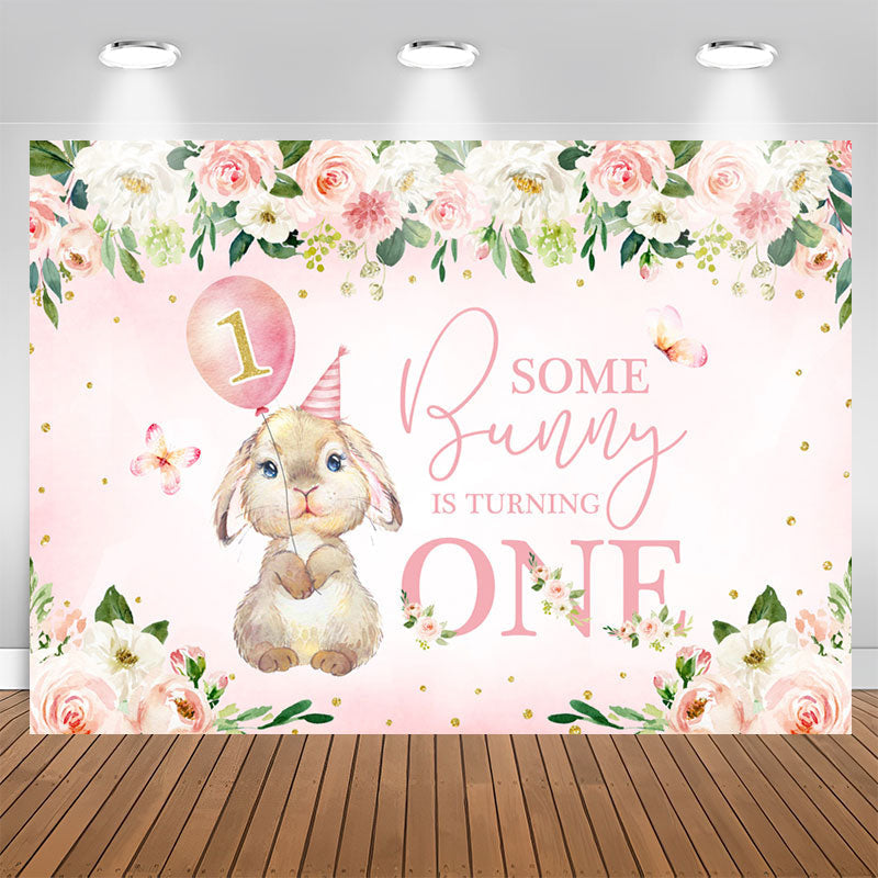 Lofaris Pink Flowers Bunny Balloons 1st Birthday Backdrop