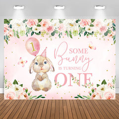 Lofaris Pink Flowers Bunny Balloons 1st Birthday Backdrop