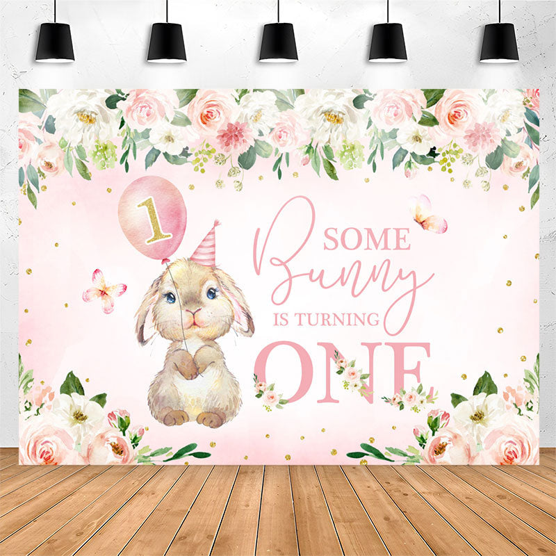 Lofaris Pink Flowers Bunny Balloons 1st Birthday Backdrop