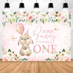 Lofaris Pink Flowers Bunny Balloons 1st Birthday Backdrop