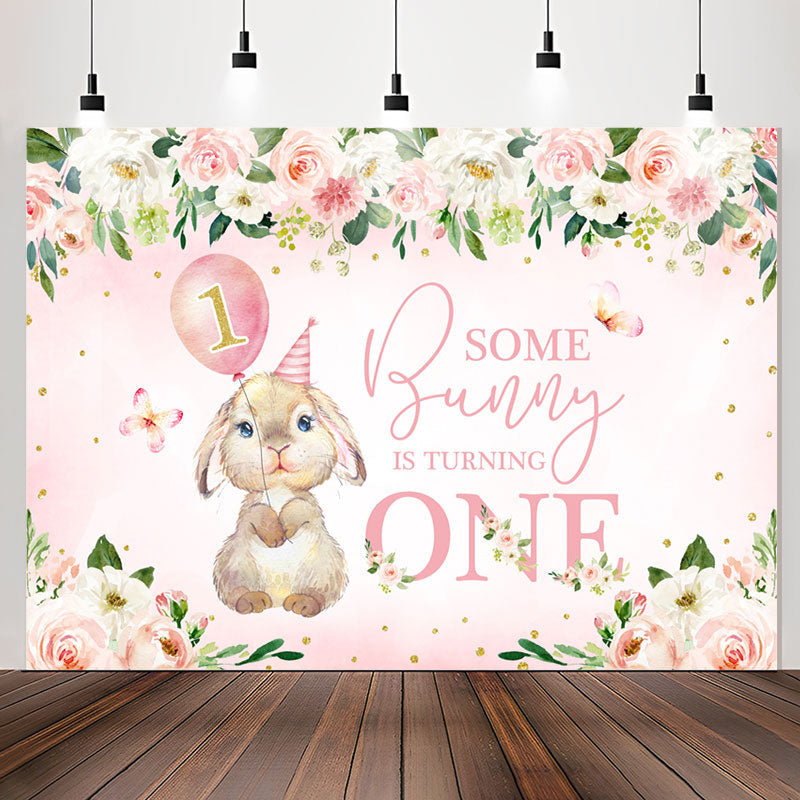 Lofaris Pink Flowers Bunny Balloons 1st Birthday Backdrop