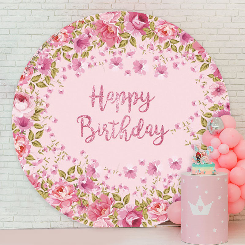 Lofaris Pink Flowers Circle Happy Birthday Backdrop For Girls