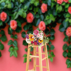 Lofaris Pink Flowers Green Leaves Wall Photography Backdrop