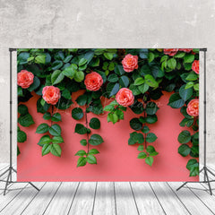Lofaris Pink Flowers Green Leaves Wall Photography Backdrop