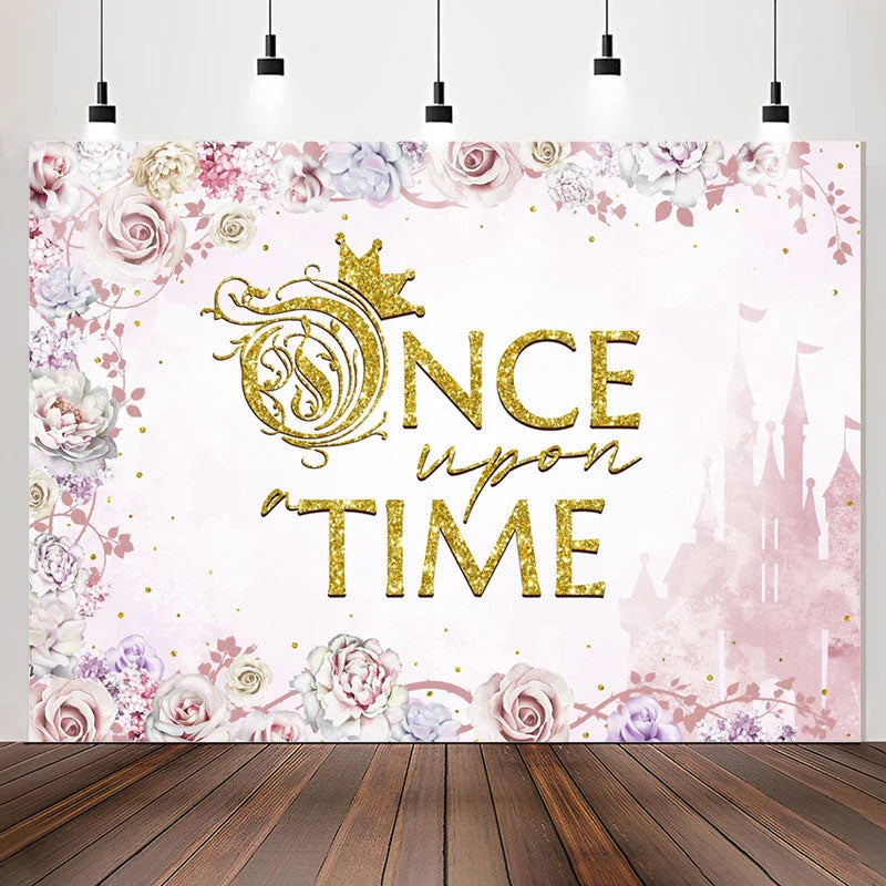 Lofaris Pink Flowers Once Upon A Time Girl Birthday Backdrop