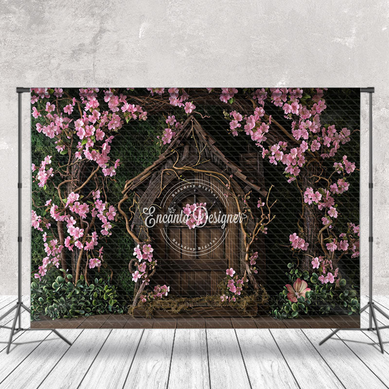 Lofaris Pink Flowers Surround Vintage Wood House backdrop