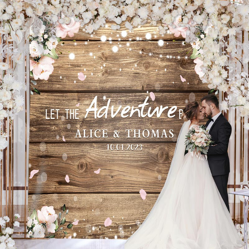 Lofaris Pink Flowers With Lights Wooden Theme Wedding Backdrop