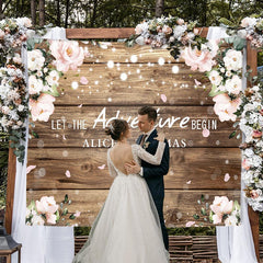 Lofaris Pink Flowers With Lights Wooden Theme Wedding Backdrop