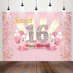 Lofaris Pink Glitter Balloon Sweet 16th Birthday Backdrop