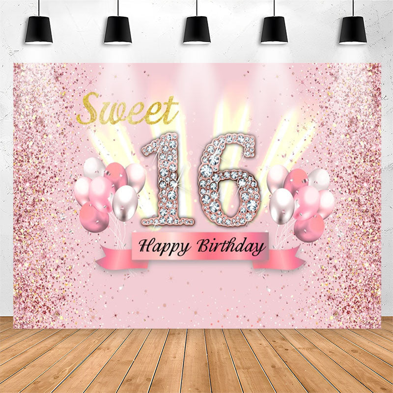 Lofaris Pink Glitter Balloon Sweet 16th Birthday Backdrop