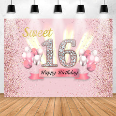 Lofaris Pink Glitter Balloon Sweet 16th Birthday Backdrop