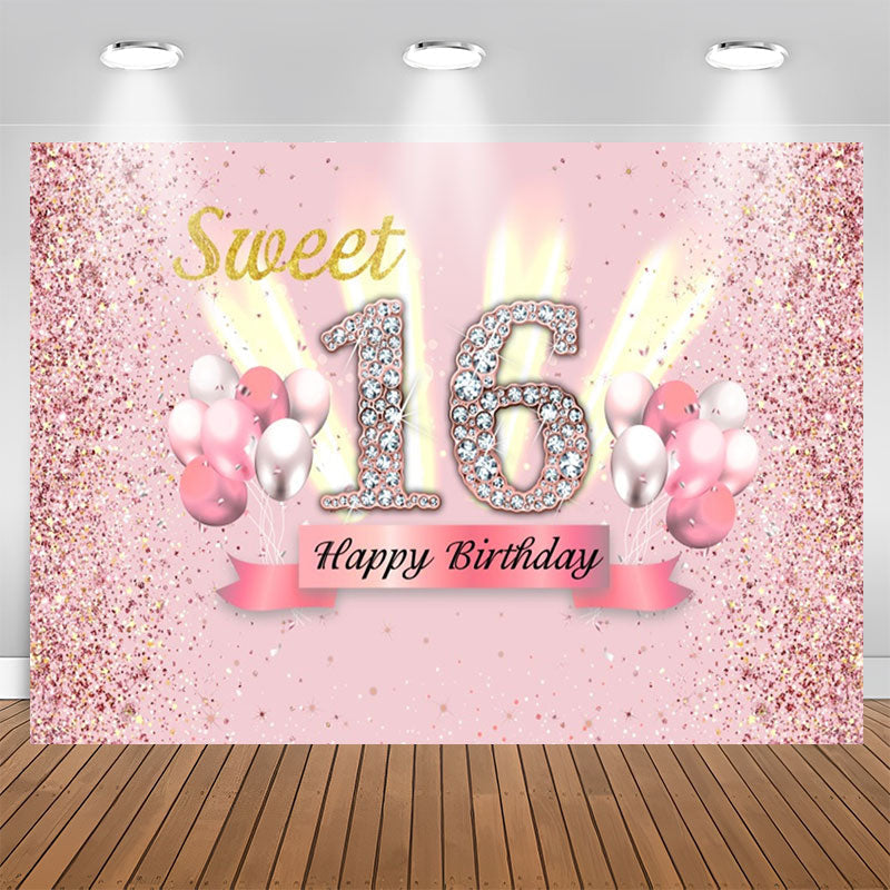 Lofaris Pink Glitter Balloon Sweet 16th Birthday Backdrop