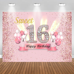 Lofaris Pink Glitter Balloon Sweet 16th Birthday Backdrop