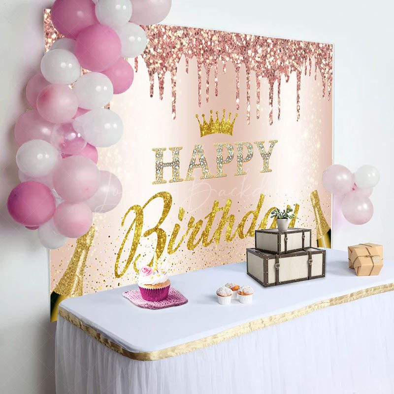 Lofaris Pink Glitter Crown Champagne Happy Birthday Backdrop