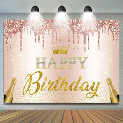 Lofaris Pink Glitter Crown Champagne Happy Birthday Backdrop