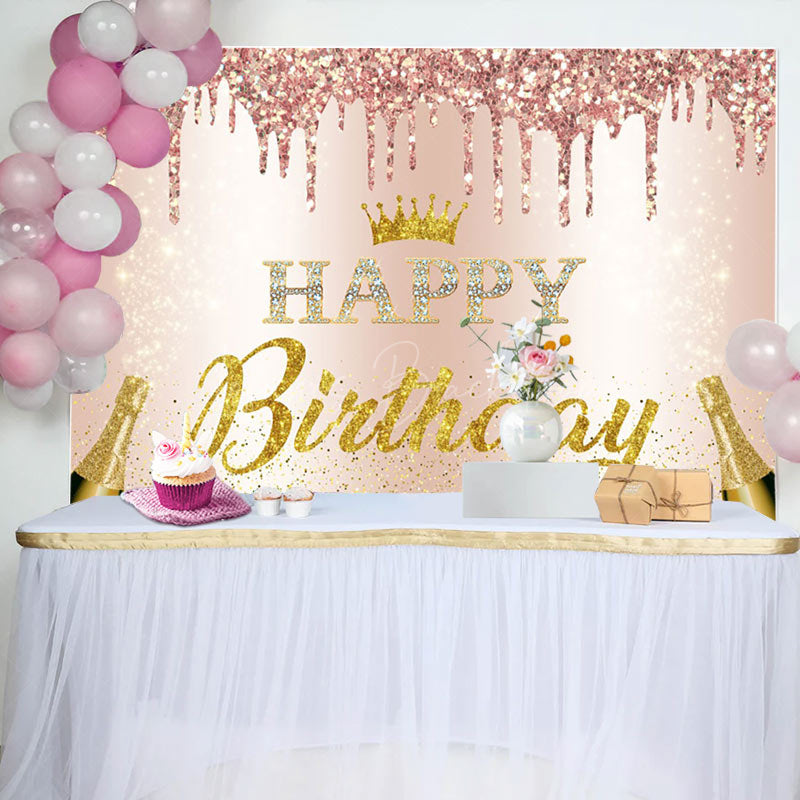 Lofaris Pink Glitter Crown Champagne Happy Birthday Backdrop