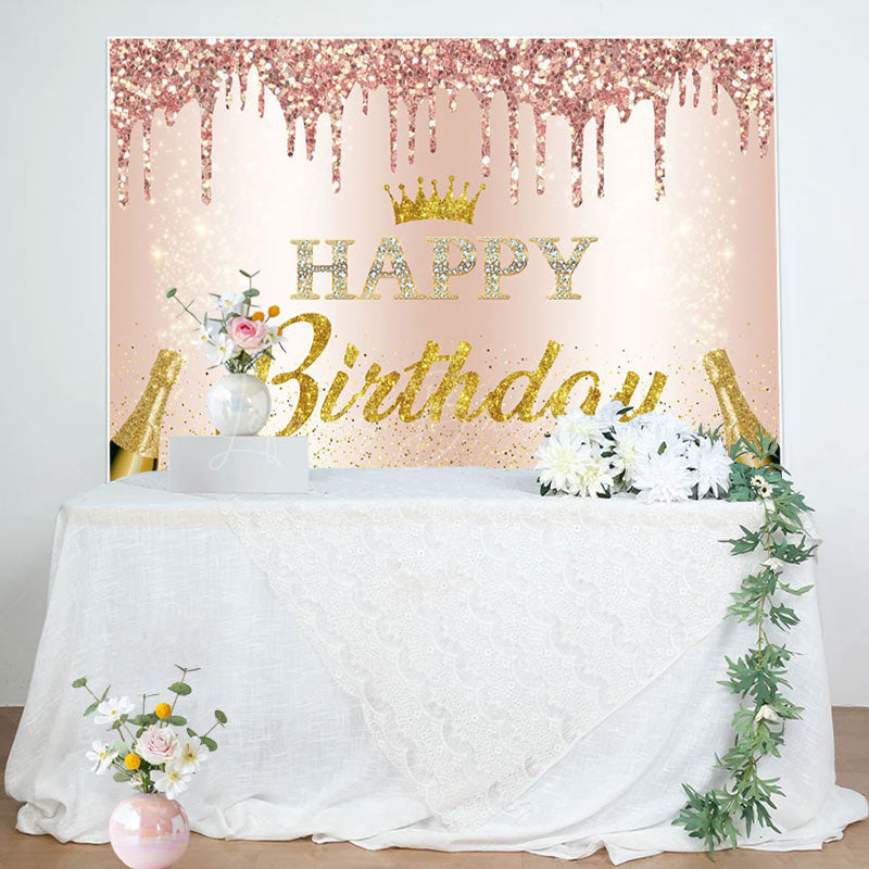 Lofaris Pink Glitter Crown Champagne Happy Birthday Backdrop