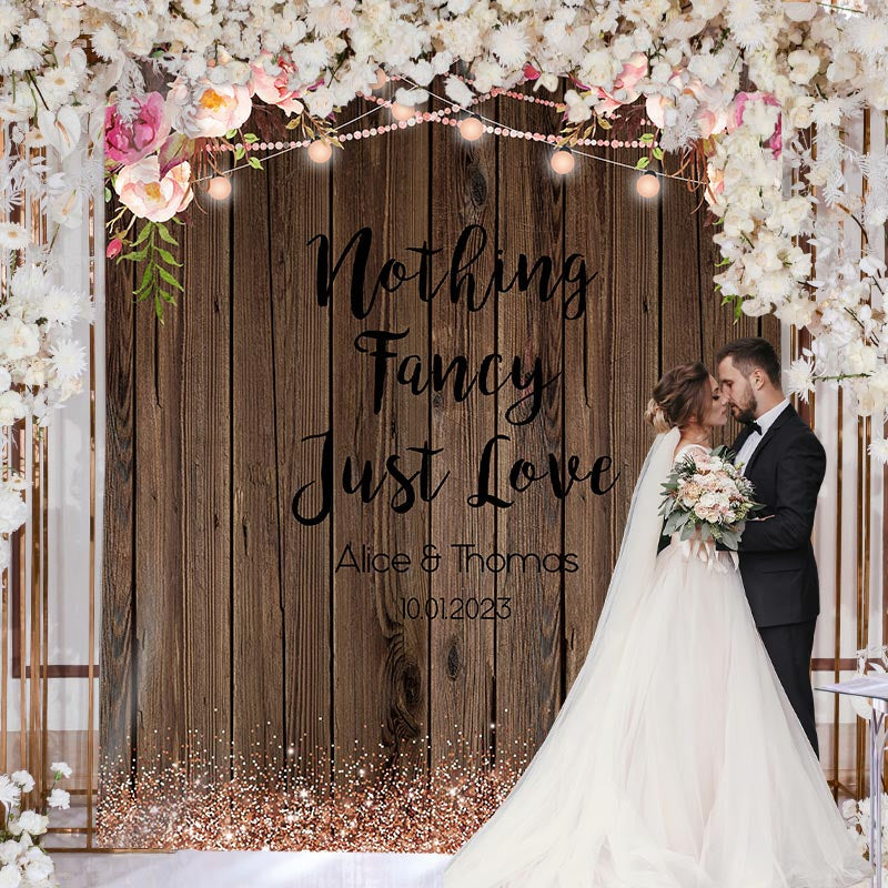 Lofaris Pink Glitter Flowers Wooden Theme Wedding Backdrop