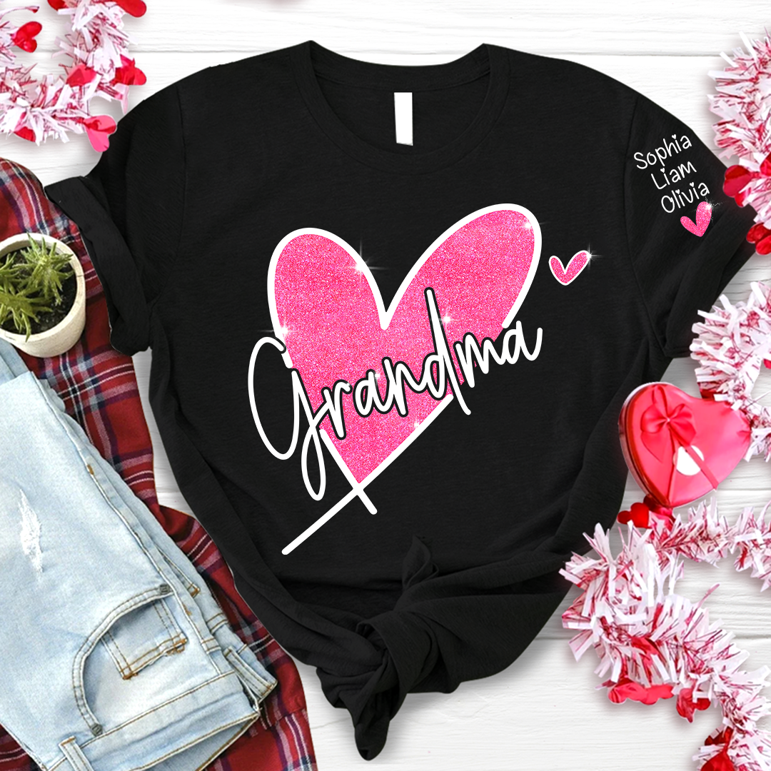 Lofaris Pink Glitter Heart Custom Grandma And Kids T - Shirt