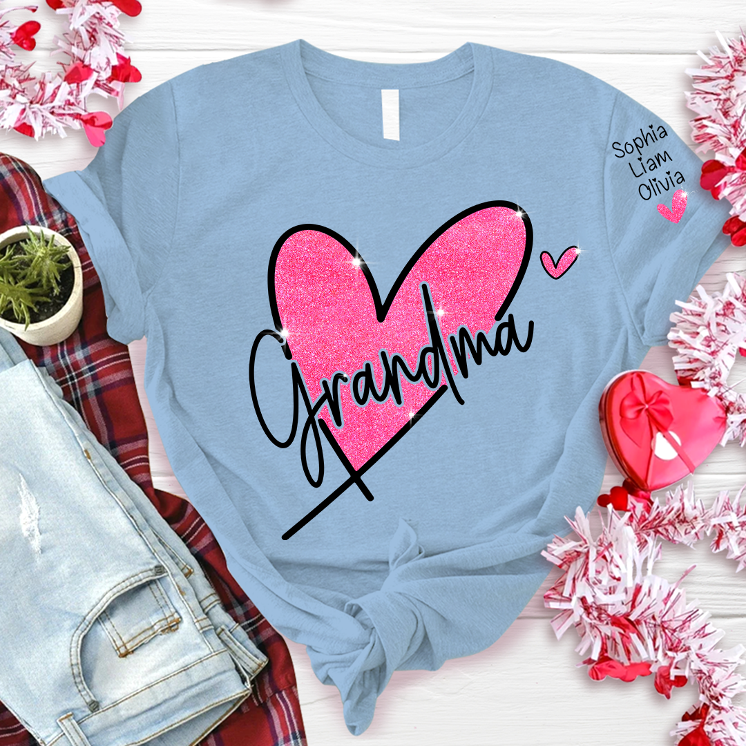 Lofaris Pink Glitter Heart Custom Grandma And Kids T - Shirt