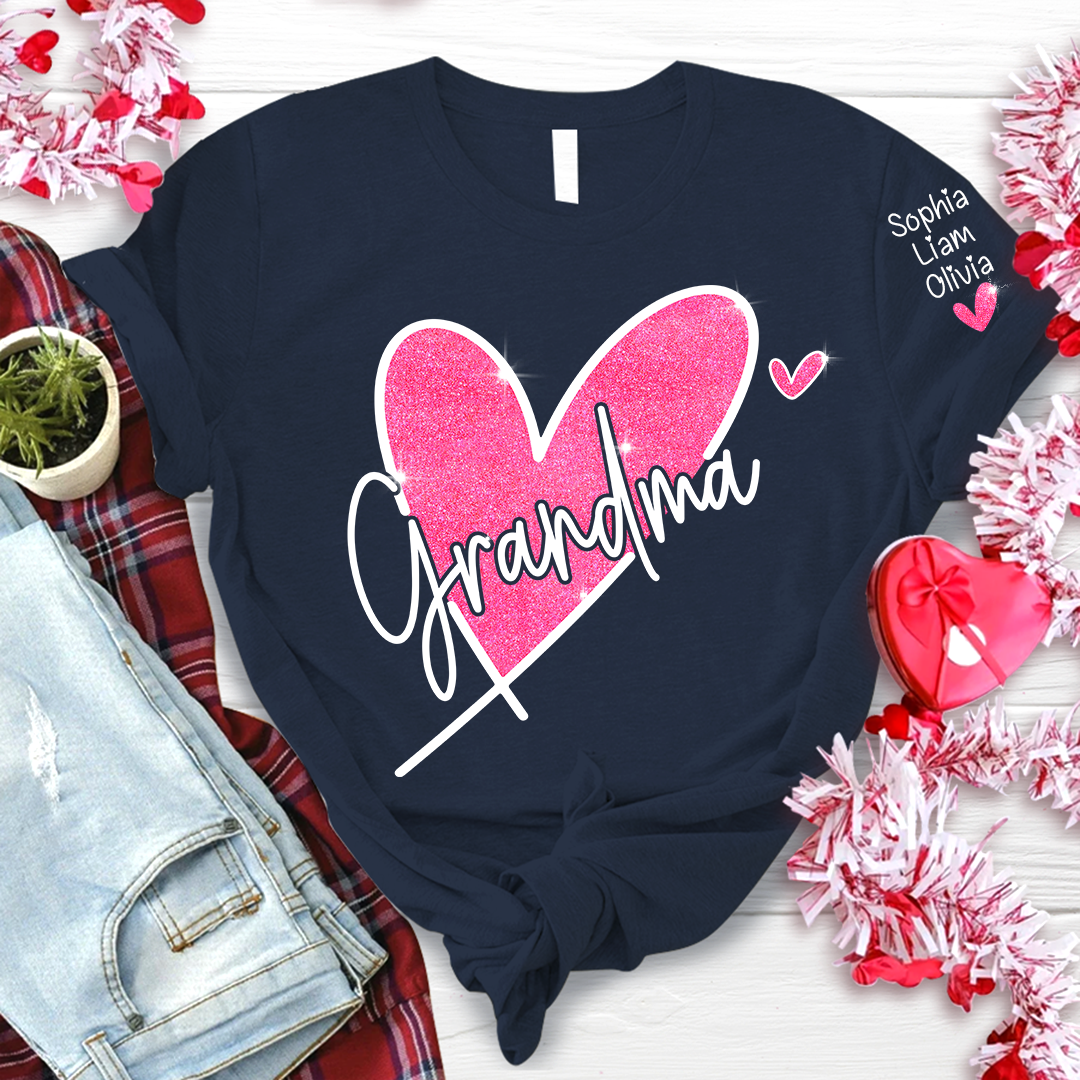 Lofaris Pink Glitter Heart Custom Grandma And Kids T - Shirt