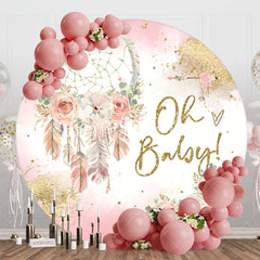 Lofaris Pink Gold Boho Floral Round Baby Shower Backdrop