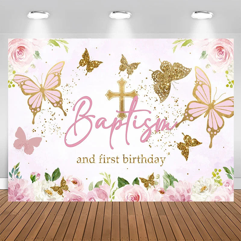Lofaris Pink Gold Butterfly Baptism First Birthday Backdrop