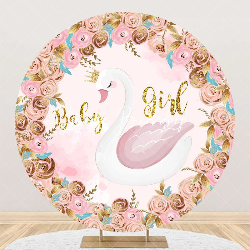 Lofaris Pink Gold Floral Swan Round Baby Shower Backdrop