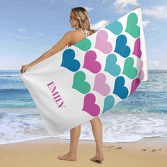 Lofaris Pink Green Blue Heart Personalized Name Beach Towel