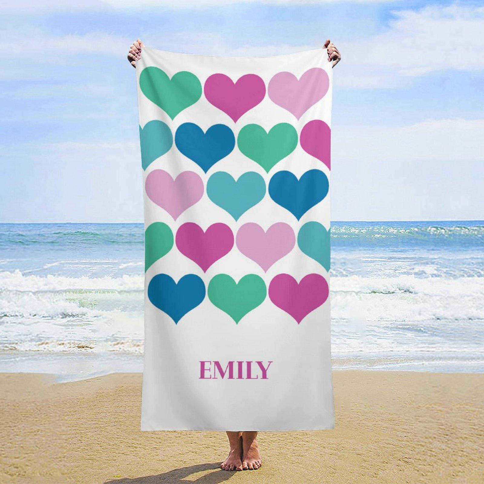 Lofaris Pink Green Blue Heart Personalized Name Beach Towel