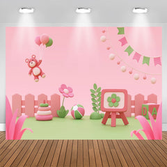 Lofaris Pink Green Floral Cartoon Bear Birthday Backdrop
