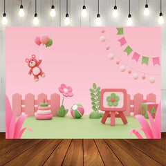 Lofaris Pink Green Floral Cartoon Bear Birthday Backdrop