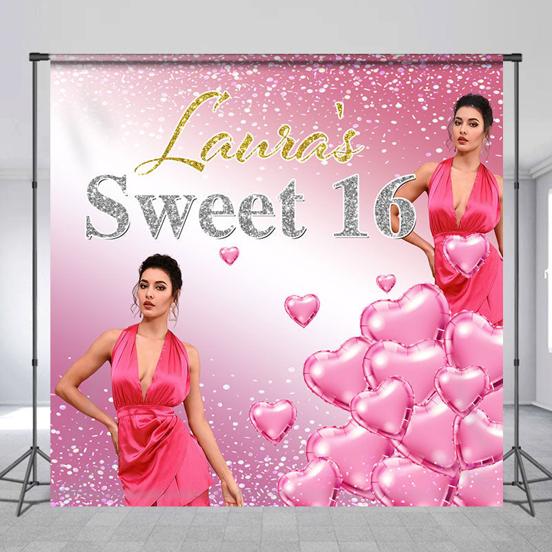 Lofaris Pink Hearts Sweet 16 Custom Birthday Backdrop