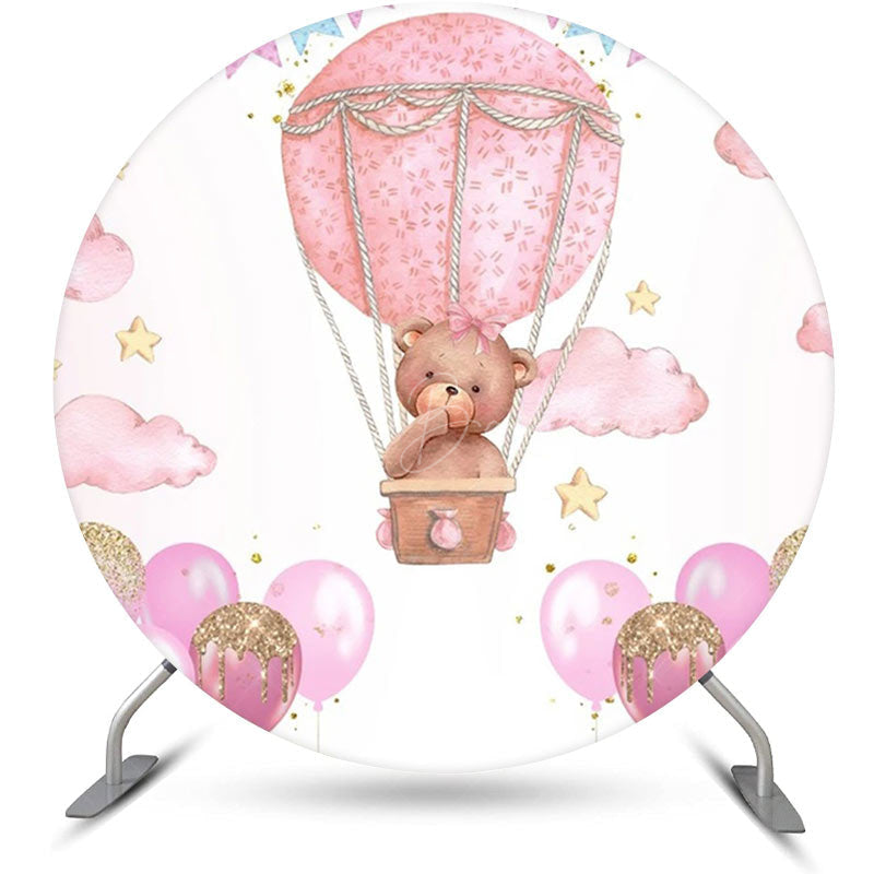 Lofaris Pink Hot Air Balloon Bear Circle Birthday Backdrop