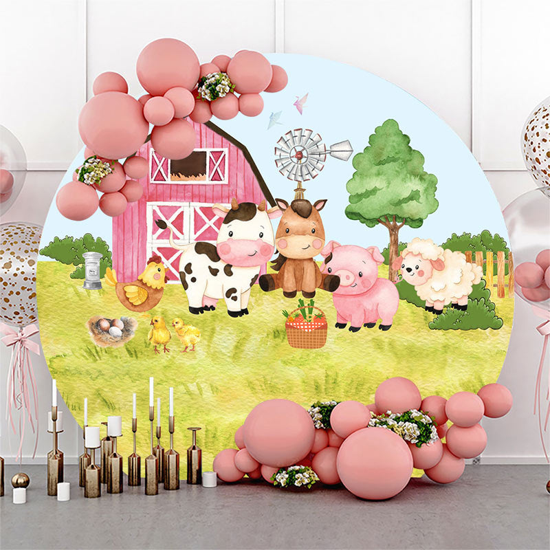 Lofaris Pink House And Animals Round Happy Birthday Backdrop