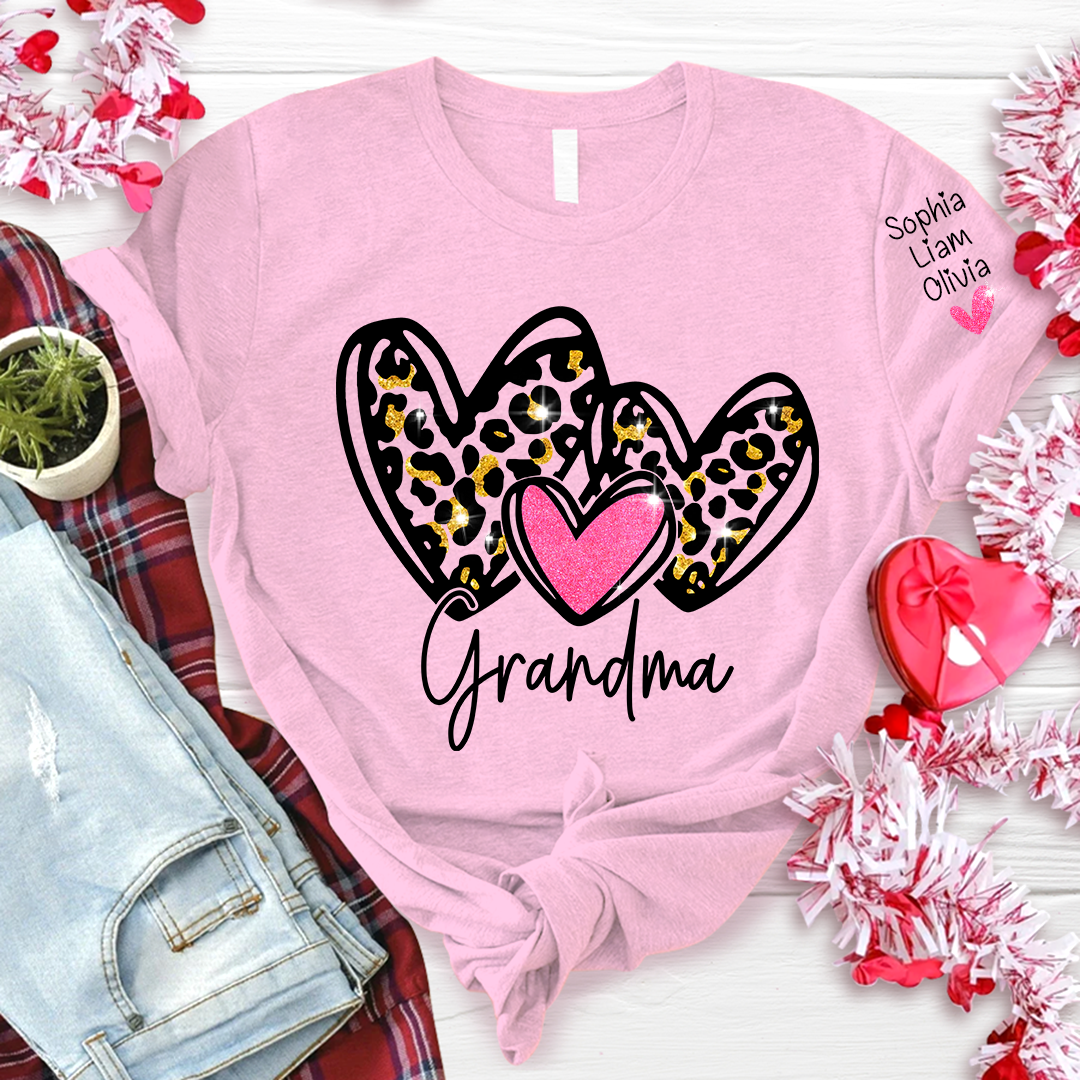 Lofaris Pink Leopard Valentine Heart Grandma And Kids T - Shirt