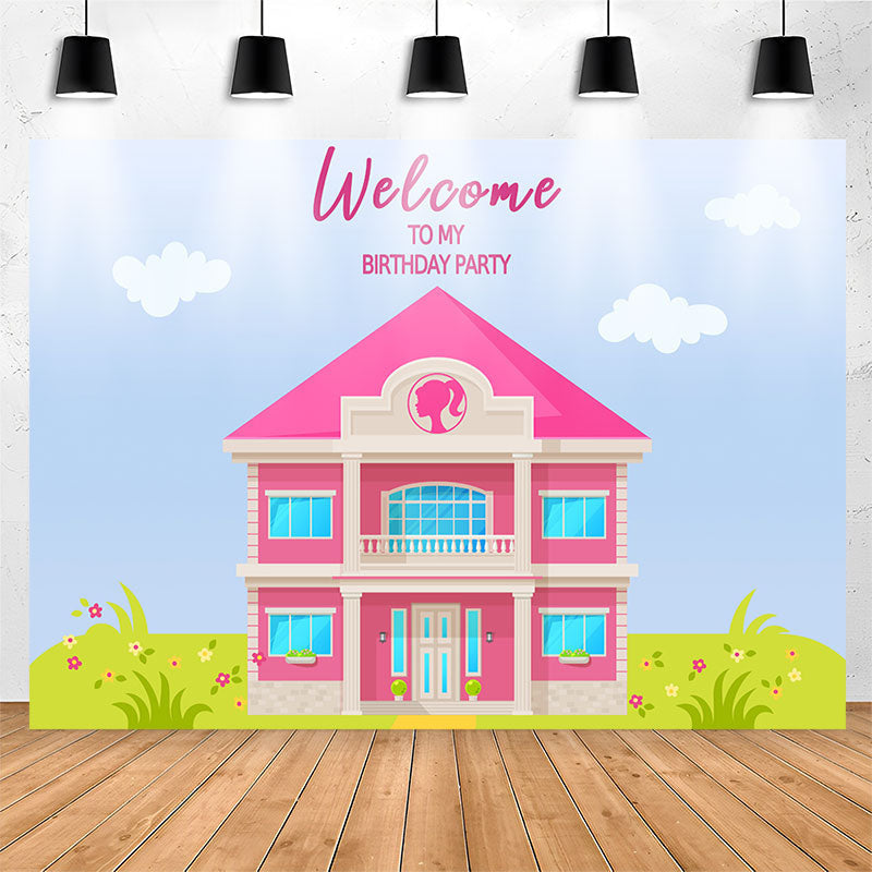 Lofaris Pink Luxury Villa Sky Grass Birthday Backdrop For Girl