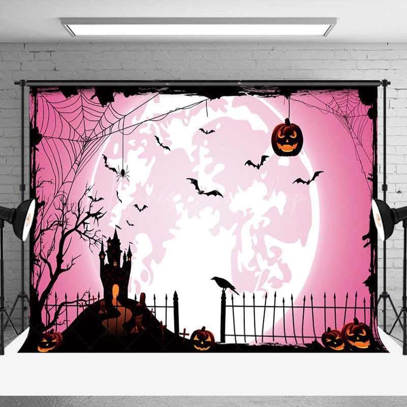 Lofaris Pink Moon Atmosphere Pumpkin Bat Happy Halloween Backdrop