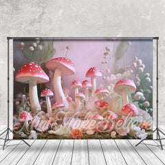 Lofaris Pink Mushroom White Floral Misty Wonderland Backdrop
