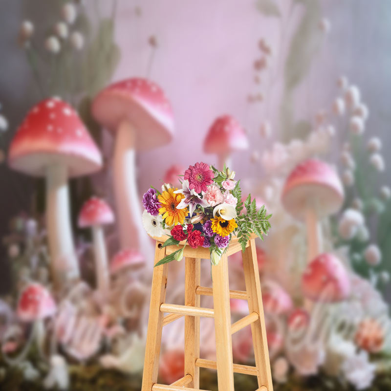 Lofaris Pink Mushroom White Floral Misty Wonderland Backdrop