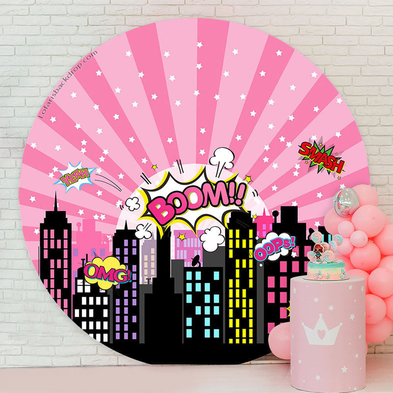 Lofaris Pink Night City Star Boom Round Birthday Backdrop