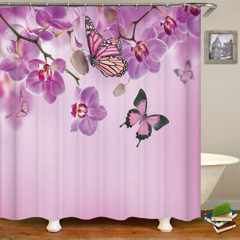 Lofaris Pink Peach Blossoms Butterfly Bath Shower Curtain