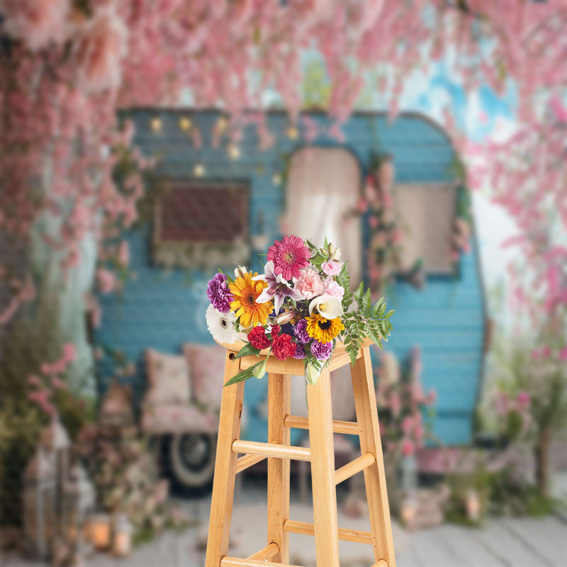 Lofaris Pink Peach Flower RV Blue Sky Spring Photo Backdrop