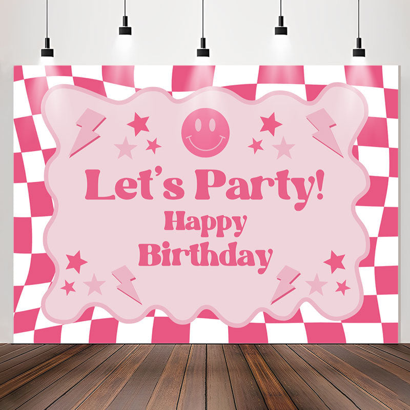 Lofaris Pink Plaid Girls Lets Party Happy Birthday Backdrop